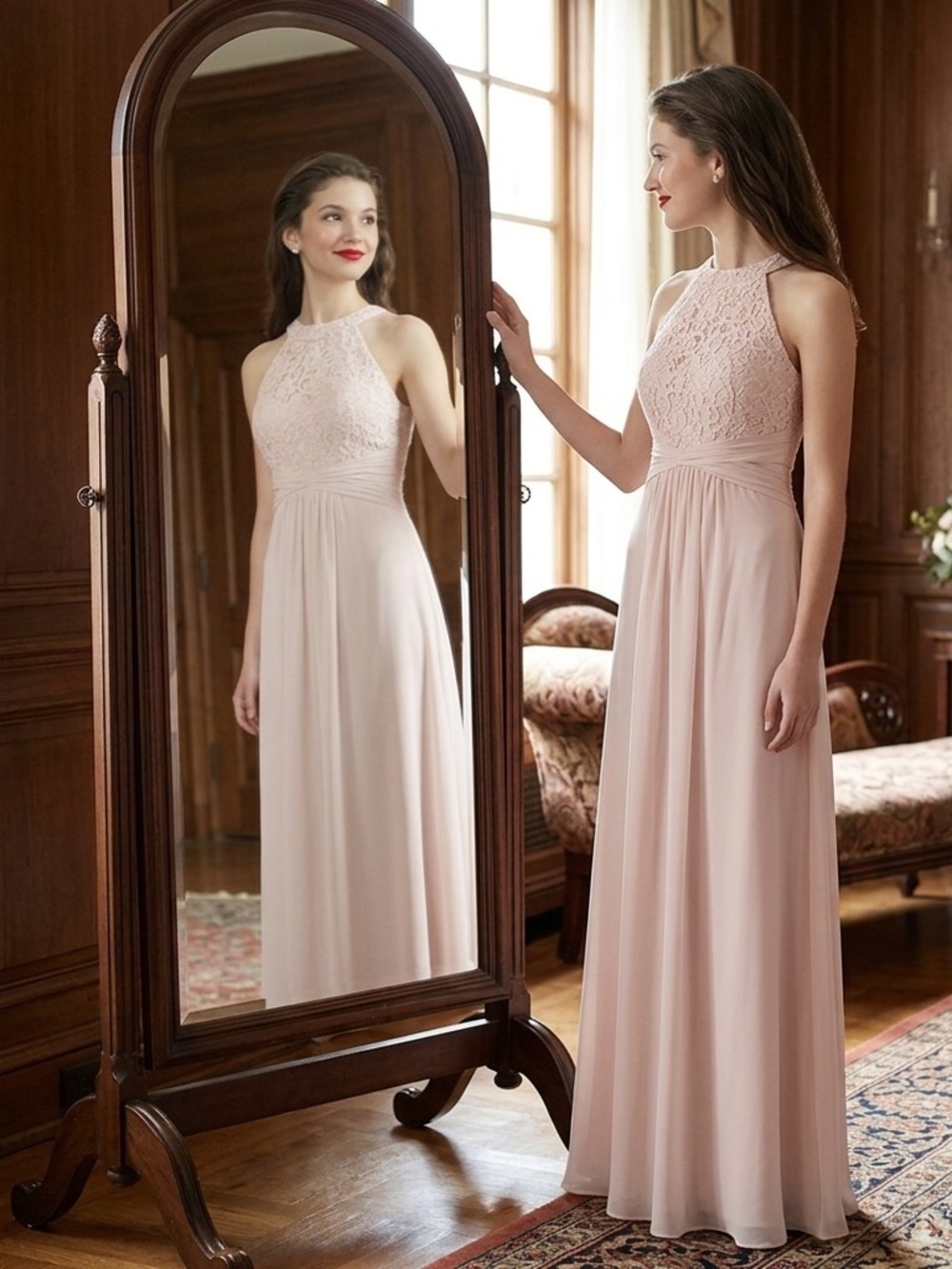 Petal Pink Halter top Lace Evening Gown